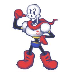  1boy 2023 2d armor blue_shorts boots corrupted_twitter_file digital_media full_body gloves hand_on_own_waist highres humanoid male male_focus male_only monster monster_boy papyrus_(undertale) pointing pointing_at_self red_boots red_gloves red_scarf scarf shorts simple_background skeleton solo standing teeth uchulups undead undertale utdr_(toby_fox) white_armor white_background 