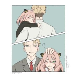  1boy 1girl age_progression ahoge anya_(spy_x_family) aqua_background black_dress blonde_hair blue_eyes blush border child closed_eyes collared_shirt dated dress green_eyes grey_jacket hair_between_eyes hairpods hand_on_another&#039;s_head highres hug jacket medium_hair necktie one_eye_closed pigrabbit_mtz pink_hair red_necktie shirt short_hair sign smile spy_x_family suit_jacket twilight_(spy_x_family) twitter_username white_border white_shirt 