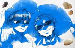  2boys aged_down black_hair blonde_hair blue_theme chin_strap collared_shirt donquixote_doflamingo english_text ginkochama hat highres male_focus multiple_boys one_piece portrait real_life_insert seashell shell shirt short_hair smile straw_hat sunglasses traditional_media vergo_(one_piece) white_background white_shirt 