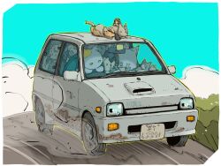  2boys blue_sky car cat crowded highres license_plate motor_vehicle multiple_boys original road side-view_mirror sky vehicle_focus vehicle_request yabarn 