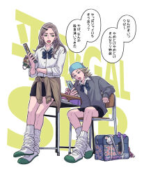  2boys alternate_universe bag black_bow black_bowtie blue_hat blue_lips bow bowtie cardigan cardigan_around_waist cellphone chair charm_(object) clothes_around_waist commentary_request contemporary crossdressing crossdressing_(mtf) desk flip_phone green_lips grey_cardigan gyaru gyro_zeppeli hair_ornament hairclip hat highres hokkyoku_(uuunnoo2) holding holding_phone johnny_joestar jojo_no_kimyou_na_bouken kogal loose_socks male_focus miniskirt multiple_boys open_mouth phone plaid_bow plaid_bowtie plaid_clothes pleated_skirt school_bag school_chair school_desk school_uniform skirt socks steel_ball_run translation_request white_socks 