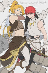  2boys asymmetrical_bangs bird black_pants blonde_hair blue_eyes boots buckle cable crop_top deidara_(naruto) expressionless eyeliner feather_boa fingerless_gloves fur-trimmed_boots fur_trim gloves grin hayamin35 high_ponytail highres holding holding_weapon jewelry legband long_hair makeup male_focus multiple_boys naruto_(series) naruto_shippuuden necklace official_alternate_costume pants ponytail red_eyes red_hair sasori_(naruto) scarf sculpture shirt short_hair simple_background smile stitches watermark weapon white_scarf white_shirt 
