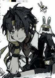  1boy 1other armor art_program_in_frame asaba_harumasa asaboo_(zenless_zone_zero) asymmetrical_gloves bangboo_(zenless_zone_zero) black_gloves black_hair black_necktie blush choker collarbone commentary_request gloves half_gloves hand_on_own_face headband highres looking_at_viewer male_focus mismatched_gloves mizunako necktie parted_bangs shirt short_hair shoulder_armor single_half_glove sleeves_rolled_up smile white_background white_shirt yellow_eyes yellow_gloves yellow_headband zenless_zone_zero 
