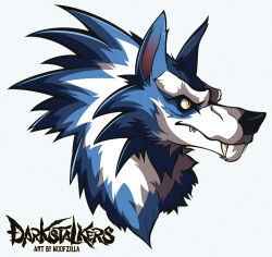  1boy character_name closed_mouth commentary cropped_shoulders darkstalkers english_commentary fangs furry furry_male highres jon_talbain male_focus simple_background slit_pupils solo translation_request werewolf white_background woofzilla yellow_eyes 