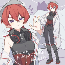  1girl :&gt; :/ absurdres armpit_crease artist_name beret black_boots black_pants black_shirt blush boots closed_mouth collared_shirt commentary commission corset dot_nose double-parted_bangs expressionless full_body grey_hat hair_between_eyes hand_on_own_hip hand_up hat headphones headphones_around_neck highres jacket knee_boots komerina light_blush long_hair looking_at_viewer multiple_views narrowed_eyes open_clothes open_jacket original pants polo_shirt purple_background red_corset red_hair red_trim shirt short_hair sidelocks signature single_bare_shoulder single_off_shoulder sleeveless sleeveless_shirt sleeves_past_fingers sleeves_past_wrists smile standing star_(symbol) translated upper_body v-shaped_eyebrows violet_eyes waving white_jacket 