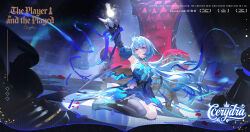  1girl arm_up artist_name ascot asymmetrical_legwear black_boots black_corset blue_ascot blue_dress blue_eyes blue_hair blue_ribbon boots brooch cerydra_(honkai:_star_rail) character_name checkered_floor chess_piece chinese_commentary commentary_request corset crown demon_wings detached_sleeves dress english_text hair_between_eyes high_heel_boots high_heels highres honkai:_star_rail honkai_(series) jewelry long_hair long_sleeves looking_up mini_crown mixed-language_commentary moehikaru parted_lips petals puffy_detached_sleeves puffy_sleeves ribbon single_thigh_boot sitting sleeveless sleeveless_dress solo spotlight thigh_boots throne wings 