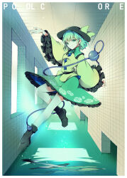  1girl absurdres black_hat blouse blush bow buttons diamond_button eyeball floral_print frilled_shirt_collar frilled_sleeves frills green_eyes green_hair green_skirt hat hat_bow hat_ribbon heart heart_of_string highres ichizen_(o_tori) indoors komeiji_koishi long_sleeves looking_at_viewer open_mouth pool ribbon rose_print shirt short_hair skirt smile solo third_eye touhou wide_sleeves yellow_bow yellow_ribbon yellow_shirt 