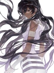  1girl arjuna_(fate) armband black_hair brown_eyes dark-skinned_female dark_skin fate/grand_order fate_(series) floating_hair genderswap genderswap_(mtf) gloves hair_between_eyes highres indian_clothes long_hair shirt siba_8a simple_background solo upper_body white_background 