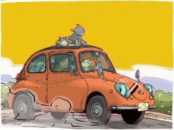 1boy 1girl car cat crowded highres license_plate motor_vehicle orange_sky original road side-view_mirror sky sunset vehicle_focus vehicle_request yabarn 