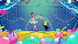  1boy 1girl balloon confetti decorations dress grey_hair highleg highres komazaki_tomomi makaino_ririmu mode_aim multicolored_hair nijisanji official_art party peanuts-kun pink_dress pink_hair ponytail smile suit two-tone_hair 