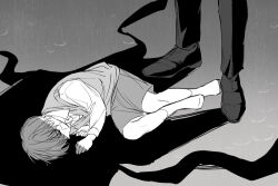  1other bandage_on_face bandages child curled_up full_body greyscale in_shadow kim_dokja lying maga_mok23 monochrome oldest_dream omniscient_reader&#039;s_viewpoint on_ground on_side puddle rain ripples shadow shirt short_hair shorts socks standing vest yoo_joonghyuk 