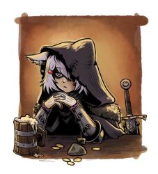  1girl alcohol animal_ears beer beer_mug brown_cloak cloak coin couter cup fox_ears fox_girl fur-trimmed_cloak fur_trim gendou_pose gold_coin hood hood_up hooded_cloak mug oaksentinel own_hands_clasped own_hands_together phase_connect pouch serious sheath sheathed short_hair sword tenma_maemi torn_hood vambraces violet_eyes virtual_youtuber warrior weapon white_hair 