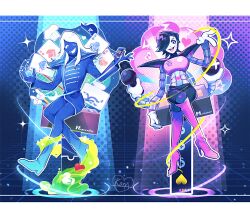  2boys android black_hair blue_jacket blue_skin boots card colored_skin crossed_legs deltarune full_body grin hair_over_one_eye heart high_heel_boots high_heels highres holding holding_card jacket kana_(kanaice) knee_boots letterboxed male_focus medium_hair mettaton mettaton_ex multiple_boys one_eye_closed one_eye_covered open_mouth pink_boots playing_card rouxls_kaard short_hair sitting smile sparkle swept_bangs undertale utdr_(toby_fox) white_hair 