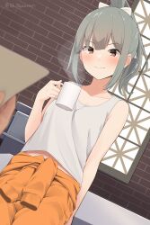  1boy 1girl befu brick_wall brown_eyes cowboy_shot cup grey_eyes highres holding holding_cup jumpsuit jumpsuit_around_waist kantai_collection long_hair mug orange_jumpsuit ponytail solo_focus tank_top tied_jumpsuit white_tank_top window yuubari_(anime)_(kancolle) yuubari_(kancolle) yuubari_kai_ni_(kancolle) 