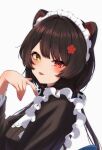  1girl :p absurdres animal_ears bangs black_hair blush fingernails flower grey_background hair_flower hair_ornament heterochromia highres inui_toko long_hair looking_at_viewer maid maid_headdress nijisanji red_eyes shooot108 simple_background solo tongue tongue_out upper_body virtual_youtuber yellow_eyes 