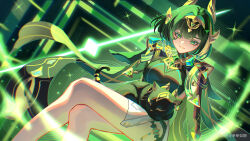  1girl absurdres animal_on_lap ashru_(genshin_impact) black_cat breasts cape cat closed_mouth commentary_request crossed_legs dutch_angle eye_tattoo feet_out_of_frame genshin_impact green_cape green_eyes green_hair highres large_breasts looking_at_viewer mark_under_eye mole mole_under_eye nefer_(genshin_impact) on_lap shen_shen_ruqi short_hair sitting solo tattoo usekh_collar 