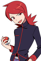  1boy chueog highres holding holding_poke_ball jacket looking_at_viewer male_focus open_mouth pants poke_ball poke_ball_(basic) pokemon pokemon_hgss purple_jacket purple_pants red_eyes red_hair silver_(pokemon) simple_background solo teeth upper_body upper_teeth_only white_background 