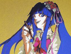  1girl blue_eyes blue_hair bow choker chopsticks dress flower furudo_erika hair_flower hair_ornament highres holding holding_chopsticks kakuyasu long_hair looking_at_viewer open_mouth pink_bow red_flower red_rose rose solo twintails umineko_no_naku_koro_ni white_dress yellow_background 