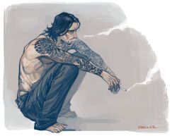  1boy arm_tattoo arms_on_knees barefoot beard black_eyes black_hair cigarette ctkcave facial_hair holding holding_cigarette male_focus male_underwear male_underwear_peek medium_hair mustache original simple_background slav_squatting smoke smoke_trail smoking solo squatting tattoo topless_male underwear 