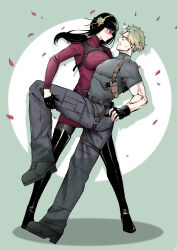  1boy 1girl absurdres ada_wong ada_wong_(cosplay) black_boots black_gloves black_hair blonde_hair blush boots cosplay gloves gold_hairband hairband highres leon_s._kennedy leon_s._kennedy_(cosplay) lsf_(805661342) muscular pantyhose red_eyes red_sweater resident_evil spy_x_family sweater twilight_(spy_x_family) yor_briar 