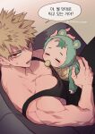  2boys absurdres anger_vein angry baby bakugou_katsuki black_tank_top blonde_hair boku_no_hero_academia closed_eyes couch green_hair highres if_they_mated ips_cells korean_text misa_(jjin_miryeon) multiple_boys on_couch onesie pacifier pectorals red_eyes sitting speech_bubble spiky_hair tank_top translation_request twitter_username 