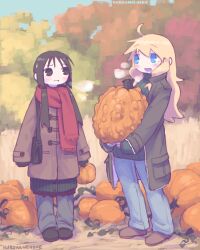  2girls absurdres artist_name bag black_eyes black_hair black_shoes blonde_hair blue_eyes breath brown_shoes chito_(shoujo_shuumatsu_ryokou) coat denim duffel_coat green_sweater highres holding holding_pumpkin jacket jeans kurohanenone long_hair low_twintails multiple_girls open_mouth outdoors pants pumpkin red_scarf scarf shoes shoujo_shuumatsu_ryokou shoulder_bag sweater tree twintails wheat yuuri_(shoujo_shuumatsu_ryokou) 