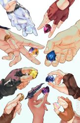 4boys 4girls alisaie_leveilleur alphinaud_leveilleur astrologian_(final_fantasy) between_fingers black_gloves black_mage_(final_fantasy) brown_gloves claw_ring coin crystal dragoon_(final_fantasy) estinien_varlineau final_fantasy final_fantasy_xiv fingerless_gloves gloves gunbreaker_(final_fantasy) hand_focus holding holding_coin holding_crystal jewelry job_crystal_(final_fantasy) krile_baldesion_(ff14) lychee_snake multiple_boys multiple_girls out_of_frame pictomancer_(final_fantasy) red_gloves red_mage_(final_fantasy) ring sage_(final_fantasy) simple_background tataru_taru thancred_waters urianger_augurelt white_background white_gloves y&#039;shtola_rhul 