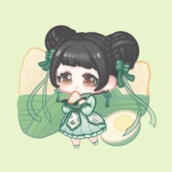 1girl black_hair bow braid brown_eyes bun_with_braided_base check_food chibi chinese_clothes chinese_commentary closed_mouth collared_dress commentary_request double_bun dress earrings eyelashes floral_print flower flower_earrings food food-themed_background food_request footwear_bow frilled_dress frilled_sleeves frills green_background green_bow green_dress green_flower green_ribbon green_theme hair_bow hair_bun hair_ribbon happy hardboiled_egg high_collar holding holding_food jewelry light_blush long_sleeves looking_at_viewer lotus lotus_and_rain_(shining_nikki) medium_dress nikki_(series) onigiri print_dress puffy_long_sleeves puffy_sleeves ribbon shining_nikki shoes short_hair smile solo standing tareme tassel tassel_earrings updo white_bow white_shoes xiaoyu_qixing 