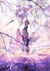  1boy allen_walker belt boots branch brown_belt brown_boots brown_hat buttons cape card chain collared_coat collared_shirt copyright_name creature creature_on_shoulder cross d.gray-man different_reflection dress_shirt facing_viewer falling_petals floating_card floating_hair floating_hat gem gold_chain gold_trim golem_(d.gray-man) gradient_background grey_neckerchief grey_shirt hair_between_eyes hat highres horns lake large_hat leather_belt male_focus mask multiple_belts neckerchief on_shoulder pants petals playing_card purple_background purple_gemstone reflection reflective_water shirt short_hair sidelocks signature smile solo suit tail timcanpy tree tsukini_shigure twitter_username unworn_hat unworn_headwear water white_background white_cape white_hair white_hat white_mask white_pants white_suit wings 