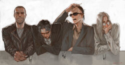  4boys alcohol beard_stubble black_hair black_jacket black_suit brown_shirt cigarette collared_shirt covering_own_mouth crossed_arms ctkcave cup drinking_glass elbows_on_table facial_hair glasses hand_on_own_head hand_over_own_mouth hands_on_table holding holding_cigarette jacket long_hair male_focus multiple_boys old old_man original parted_bangs parted_hair shaved_head shirt short_hair simple_background smoking stubble suit sunglasses table undercut whiskey white_background white_hair white_shirt 