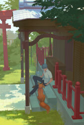  1boy architecture black_pants bottle box brown_shoes commentary dappled_sunlight day donation_box east_asian_architecture ema fox full_body grass grey_hair highres kitsune_(persona_4) looking_at_animal male_focus narukami_yu outdoors pants persona persona_4 s_saremi shirt shoes short_sleeves shrine sitting sitting_on_stairs stairs sunlight torii water_bottle white_shirt 