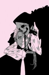  2boys black_coat black_shirt blonde_hair brothers coat death donquixote_doflamingo donquixote_rocinante earrings heart heart_print highres hug jewelry looking_to_the_side male_focus multiple_boys necktie on_bublik one_piece pink_shirt pink_theme sad shirt short_hair siblings skeleton symbolism 