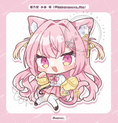  1girl :3 :d animal_ear_fluff animal_ears asymmetrical_legwear black_shoes blush_stickers bow bowtie cat_ears cat_girl cat_tail character_name chibi chibi_only collared_shirt commentary_request dot_nose egissi full_body hair_intakes highres indie_virtual_youtuber long_hair long_sleeves looking_at_viewer nekonomiya_mia open_mouth pink_bow pink_bowtie pink_eyes pink_hair pink_skirt plaid_bow plaid_bowtie plaid_clothes pleated_skirt sample_watermark shirt shoes sidelocks single_sock single_thighhigh skirt sleeves_past_fingers sleeves_past_wrists smile socks solo tail thigh-highs twitter_username uneven_legwear very_long_hair virtual_youtuber watermark watermark_grid white_background white_shirt white_socks white_thighhighs 