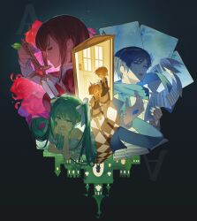  2boys 3girls :d absurdres ace_(playing_card) bare_shoulders blonde_hair blue_eyes blue_hair blue_scarf bow bow_hairband brother_and_sister brown_hair card castle commentary door flower frown green_eyes green_hair hair_bow hairband hatsune_miku highres hitobashira_alice_(vocaloid) holding holding_sword holding_weapon kagamine_len kagamine_rin kaito_(vocaloid) long_hair looking_ahead looking_at_viewer meiko_(vocaloid) multiple_boys multiple_girls music nun_nu playing_card red_eyes red_flower red_rose rose scarf sheet_music short_hair siblings singing smile sword twins twintails vocaloid weapon white_bow yellow_eyes 