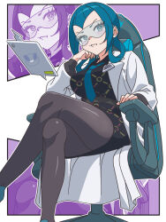  1girl blue_eyes blue_hair border breasts chair coat collage crossed_legs glasses hair_rings highres kanbei_(pixiv11037490) lab_coat long_hair long_sleeves looking_at_viewer mable_(pokemon) necktie open_clothes open_coat open_mouth outside_border pantyhose pokemon pokemon_legends:_z-a purple_background rotom rotom_phone smile solo split_mouth white_border white_coat 