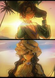  2girls :d absurdres backlighting black_hair bow brown_hair collared_shirt dress eyewear_strap flower glasses gown gradient_sky green_eyes green_hat grey_jacket hair_bow hair_flower hair_ornament hand_on_headwear hand_up hat hat_bow hat_feather highres isolde_(reverse:1999) jacket juliet_sleeves kakania_(reverse:1999) long_sleeves looking_at_viewer low_ponytail multiple_girls neck_ribbon orange_sky palm_tree picture_hat ponytail puffy_sleeves red_ribbon reverse:1999 ribbon round_eyewear shirt sky smile sun tree twilight upper_body veil violet_eyes weiyan_(nbnbmwnl) white_bow white_dress white_hat white_shirt white_veil yellow_bow yellow_flower 