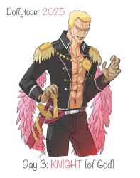  1boy abs black_jacket blonde_hair brown_gloves cowboy_shot donquixote_doflamingo earrings english_text epaulettes feather_boa gloves highres holding holding_sword holding_weapon inktober jacket jewelry male_focus muscular muscular_male one_piece open_clothes open_jacket short_hair smile sunglasses sword tuquidflamingo weapon 