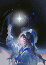 1girl absurdres arm_up black_hair blue_ribbon blue_sailor_collar bracelet braid brooch capelet chinese_commentary dress english_text from_side glowing hair_between_eyes hand_up hat hat_ornament hat_ribbon heroine_(lovebrush_chronicles) highres jewelry long_hair long_sleeves looking_at_object looking_up lovebrush_chronicles neckerchief parted_lips portrait profile ribbon sailor_collar sailor_hat side_braid sky smile solo star_(sky) star_(symbol) star_brooch star_hat_ornament starry_sky tengyuan_bei_ze violet_eyes watermark weibo_watermark white_capelet white_dress white_hat white_neckerchief 