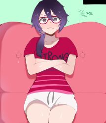  &gt;:( 1girl absurdres artist_name bambietta_basterbine black_eyes black_hair bleach bleach:_sennen_kessen-hen casual closed_mouth clothes_writing commentary couch cowboy_shot crossed_arms english_text frown glasses green_background hair_between_eyes highres long_hair looking_at_viewer low_ponytail on_couch ponytail red-framed_eyewear red_shirt shirt short_sleeves shorts simple_background sitting solo sweatdrop tk.nahee v-shaped_eyebrows white_shorts wide-eyed 