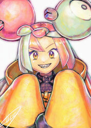  1girl blue_hair bow-shaped_hair character_hair_ornament hair_ornament iono_(pokemon) jacket kaosu_(kaosu0905) long_hair long_sleeves looking_at_viewer multicolored_hair pink_hair pokemon pokemon_sv sharp_teeth signature sleeves_past_fingers sleeves_past_wrists smile solo teeth two-tone_hair upper_body yellow_jacket 