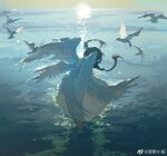  1girl baofandxy bird black_hair braid commentary_request dress feathered_wings highres in_water long_hair multiple_wings original solo twin_braids white_dress white_wings wings 