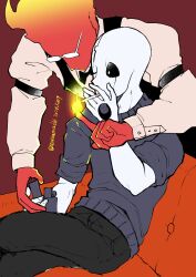  2024 2boys 2d artist_name bartender black_bowtie black_pants black_vest bowtie cigarette couch dated digital_media duo elemental_(creature) fire_elemental flaming_head glasses grillby hole_in_hand hollow_eyes humanoid ikkakutenma lighter magic male male_focus male_only monster monster_boy multiple_boys mundane_utility no_mouth on_couch orange_skin pants pyrokinesis sitting sweater twitter_username undertale uniform utdr_(toby_fox) vest w.d._gaster white_sweater 