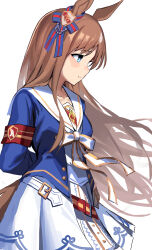  1girl absurdres animal_ears armband blue_eyes blue_ribbon blue_shirt brown_hair closed_mouth commentary ear_ribbon franz2543 grass_wonder_(stone-piercing_blue)_(umamusume) grass_wonder_(umamusume) highres horse_ears horse_tail long_hair long_sleeves red_armband ribbon shirt simple_background skirt solo tail umamusume white_background white_skirt 