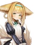  1girl alternate_costume animal_ears apron arknights bangs braid commentary_request enmaided eyebrows_visible_through_hair fox_ears fox_girl fox_tail gradient_hair hair_between_eyes hairband highres kesuk0 kyuubi light_brown_hair long_hair long_sleeves looking_at_viewer maid maid_apron multicolored_hair multiple_tails sidelocks simple_background smile solo suzuran_(arknights) tail twin_braids v_arms white_background yellow_eyes 