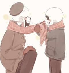  2023 2boys 2d alternate_costume artist_name beret black_pants blue_coat brothers brown_coat brown_gloves brown_hat brown_pants cacaonibs00 coat cowboy_shot cropped digital_media duo from_side gloves height_difference hollow_eyes humanoid male male_focus male_only monster monster_boy multiple_boys pants papyrus_(undertale) sans_(undertale) scarf siblings simple_background skeleton squatting standing teeth twitter_username tying_scarf u_u undead undertale utdr_(toby_fox) white_background winter_clothes 