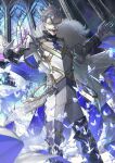  1boy absurdres armor blue_eyes bug butterfly cloak commentary_request evil_smile facial_hair fate/grand_order fate_(series) feet_out_of_frame fur_trim glasses gloves grey_hair hands_up high_collar highres james_moriarty_(fate) james_moriarty_(ruler)_(fate) light_particles long_sleeves looking_at_viewer male_focus mustache official_alternate_costume old old_man pants short_hair shoulder_armor shoulder_spikes smile solo sparkle spikes suzuki_rui teeth white_gloves white_pants 