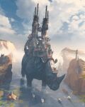  absurdres animal animal_focus banner bird castle chimney cliff clouds cloudy_sky day fleur_de_lis gregory_fromenteau harness highres no_humans original outdoors oversized_animal rhinoceros sailing_ship scenery ship sky tower towing tree watercraft 