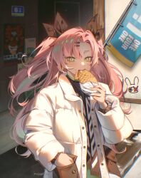  1girl artist_name black_ribbon black_scarf black_shirt bread_crust buttons earrings eating fang food graffiti green_eyes hair_ornament hair_ribbon hairclip hand_in_pocket highres holding holding_food jacket jewelry long_hair looking_at_viewer mole mole_under_eye nail_polish nicole_demara outdoors photo-referenced pink_hair poster_(object) pyampom ribbon scarf shirt solo upper_body white_jacket zenless_zone_zero 