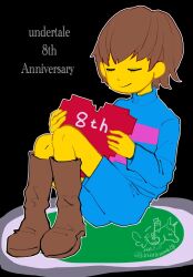  1other 2023 2d ambiguous_gender ankle_boots anniversary artist_logo artist_name black_background blue_shirt boots brown_boots brown_hair child copyright_name dated digital_media double_horizontal_stripe frisk_(undertale) full_body happy_anniversary heart holding holding_heart horizontal-striped_clothes human ikkakutenma knees_up other_focus outline pink_stripes shirt short_hair shorts simple_background solo striped_clothes striped_shirt twitter_username two-tone_shirt undertale utdr_(toby_fox) white_outline 