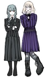  2girls bang_dream! bang_dream!_it's_mygo!!!!! blonde_hair blue_hair blush_stickers cosplay crossed_arms enid_sinclair enid_sinclair_(cosplay) frown full_body highres long_hair medium_hair milfcookiesimp misumi_uika multiple_girls nevermore_academy_school_uniform school_uniform simple_background skirt smile the_addams_family togawa_sakiko violet_eyes wednesday_(netflix) wednesday_addams wednesday_addams_(cosplay) white_background yellow_eyes 